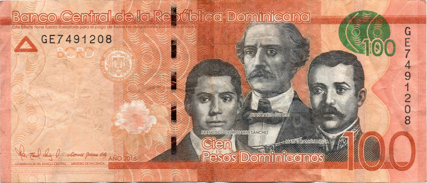 Аверс 100 песо 2016 Домініканська республіка